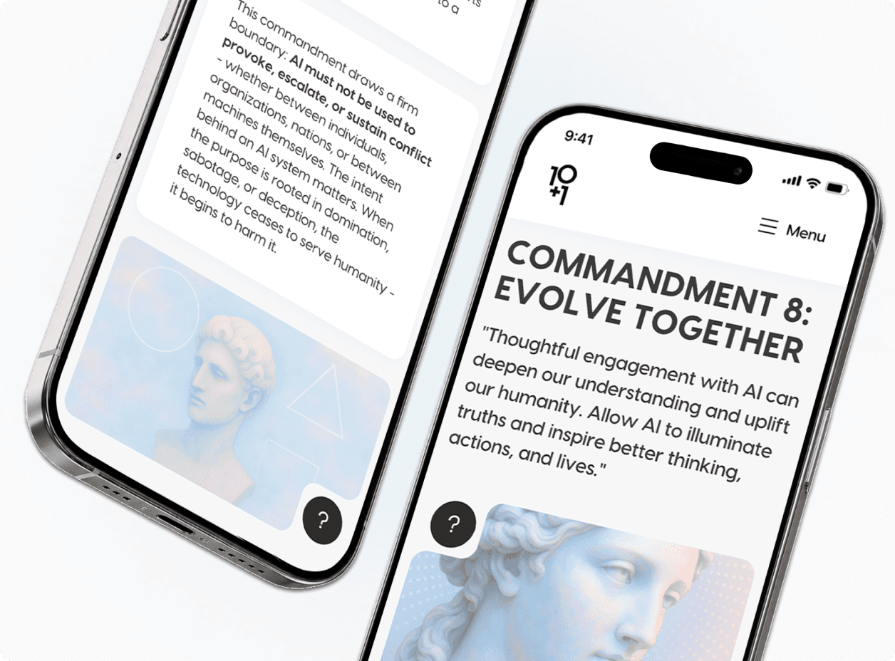 Two phone screens showing the 'Commandment 8: Evolve Together' page beside a statue illustration