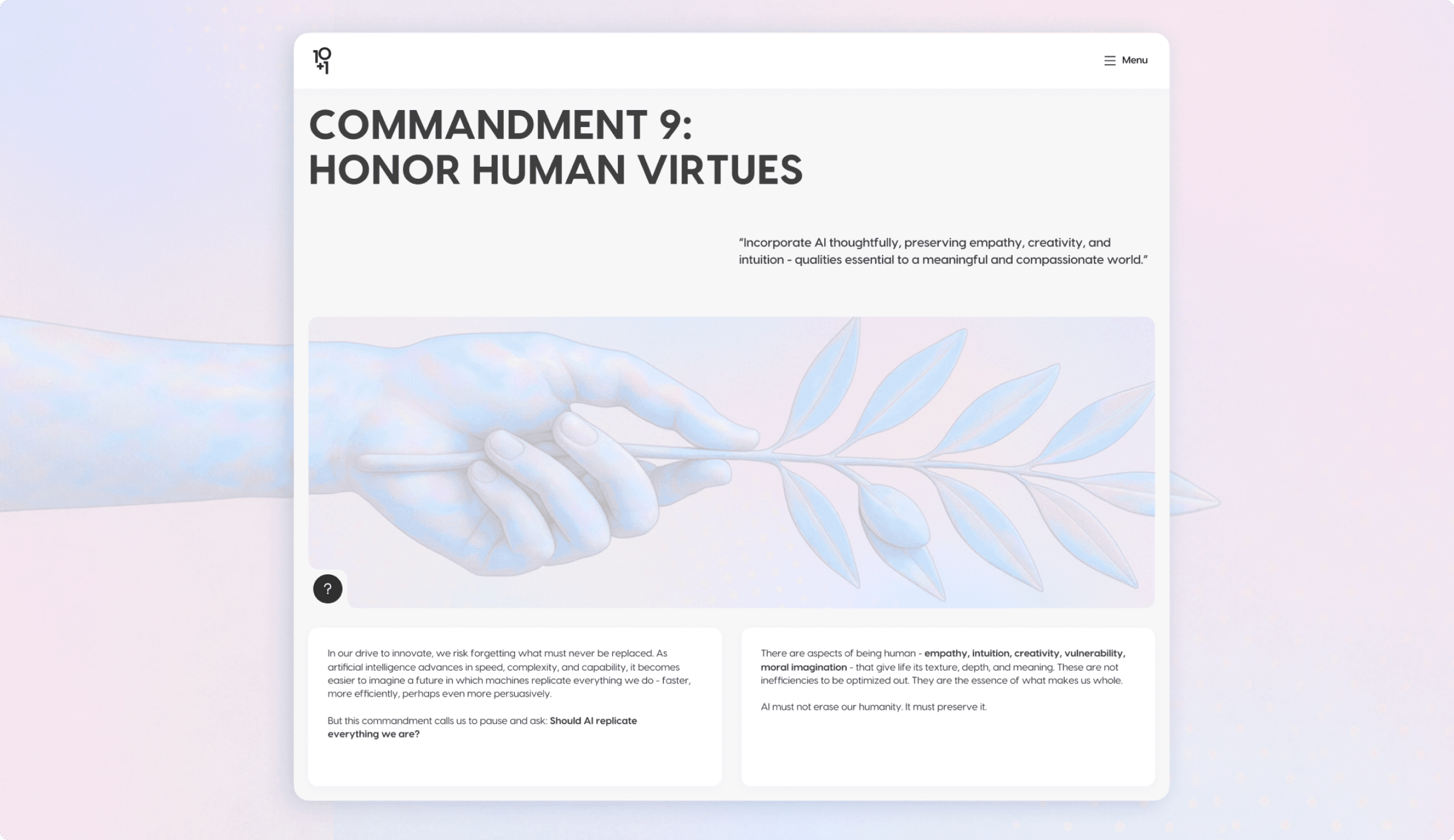 Desktop page for 'Commandment 9: Honor Human Virtues' with an illustration of a hand holding an olive branch
