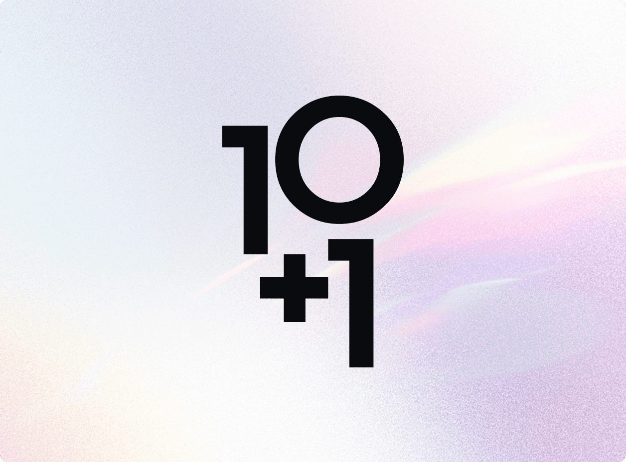 The 10+1 logo mark on a soft iridescent gradient