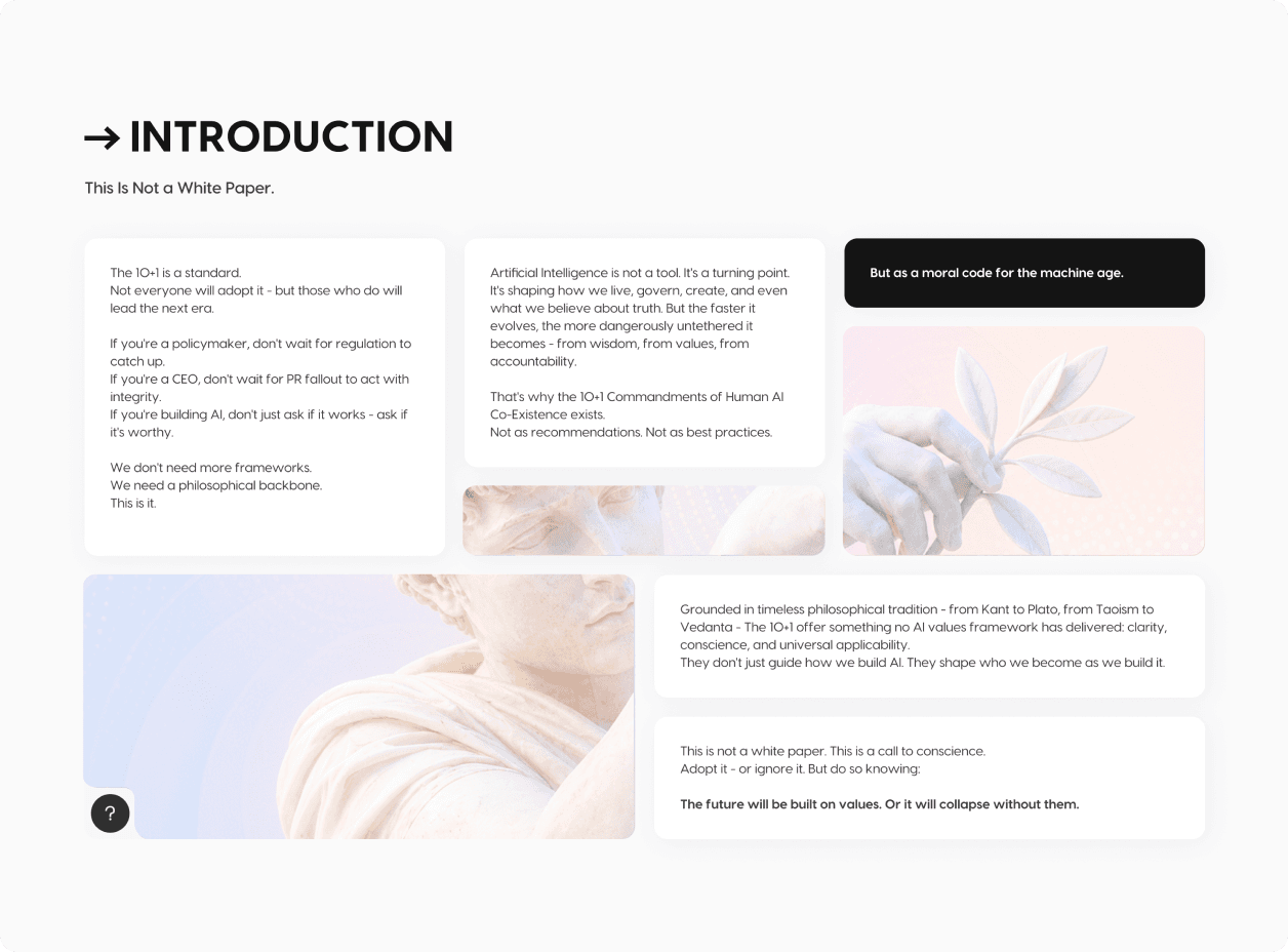 Desktop introduction page for the 10+1 Commandments of Human AI Co-Existence