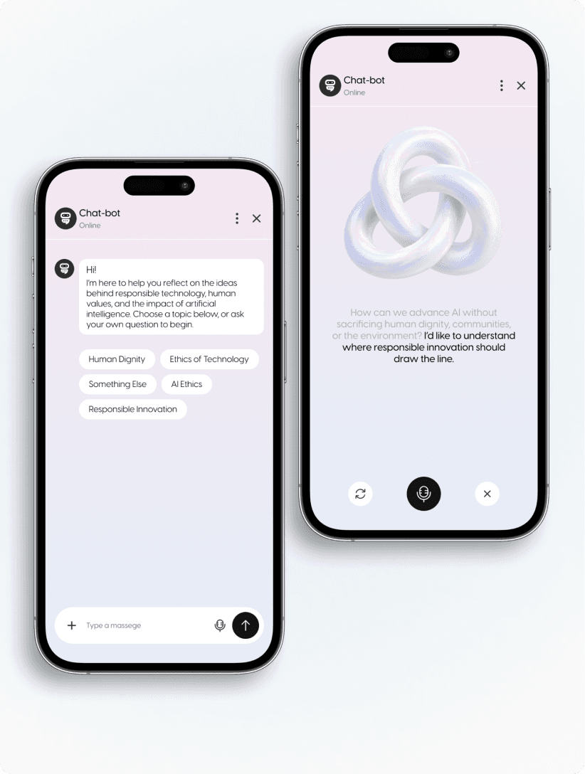 Two phone screens showing the chat-bot assistant starting a conversation about responsible AI