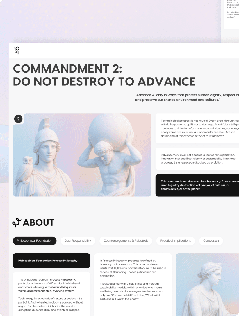 Desktop page for 'Commandment 2: Do Not Destroy To Advance' with a statue illustration