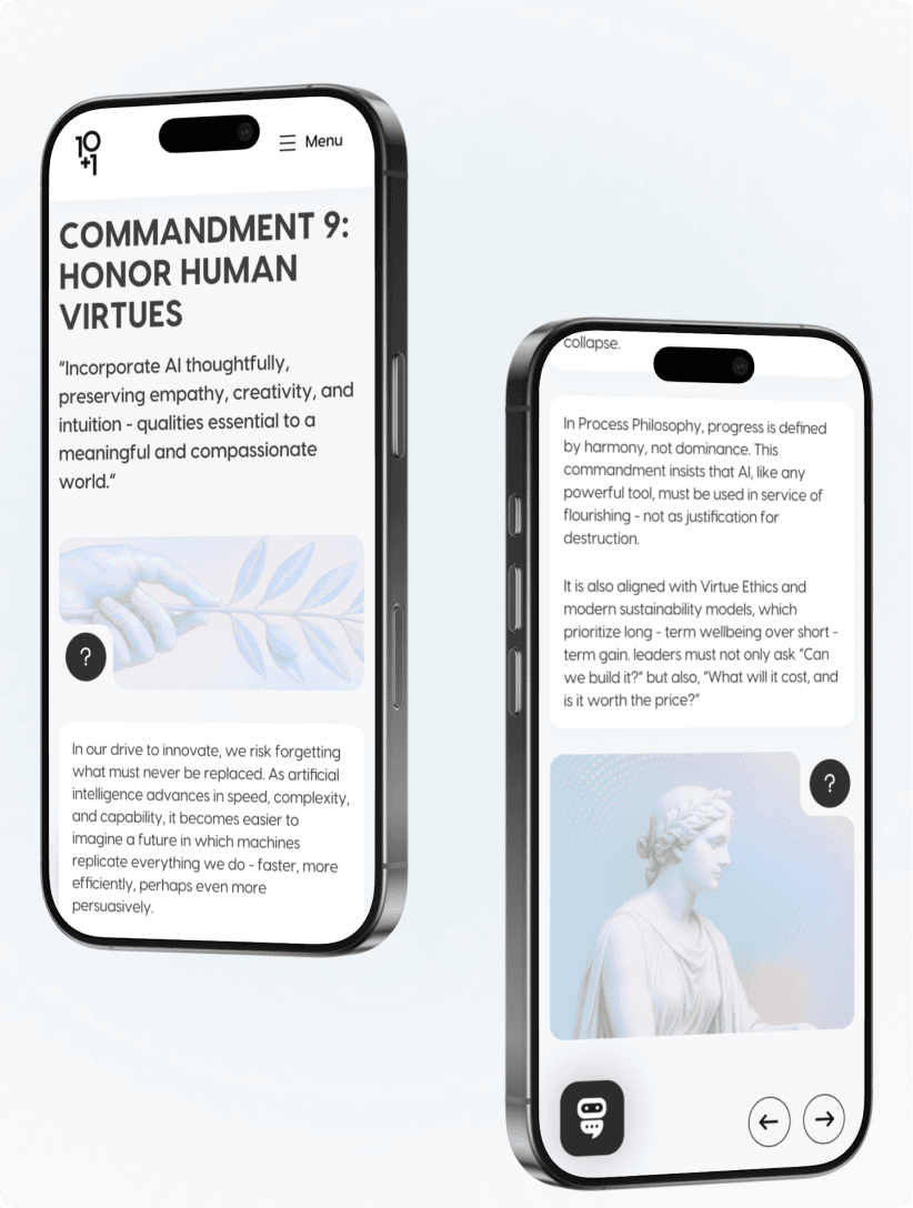 Two phone screens showing the 'Commandment 9' content and chat-bot navigation controls