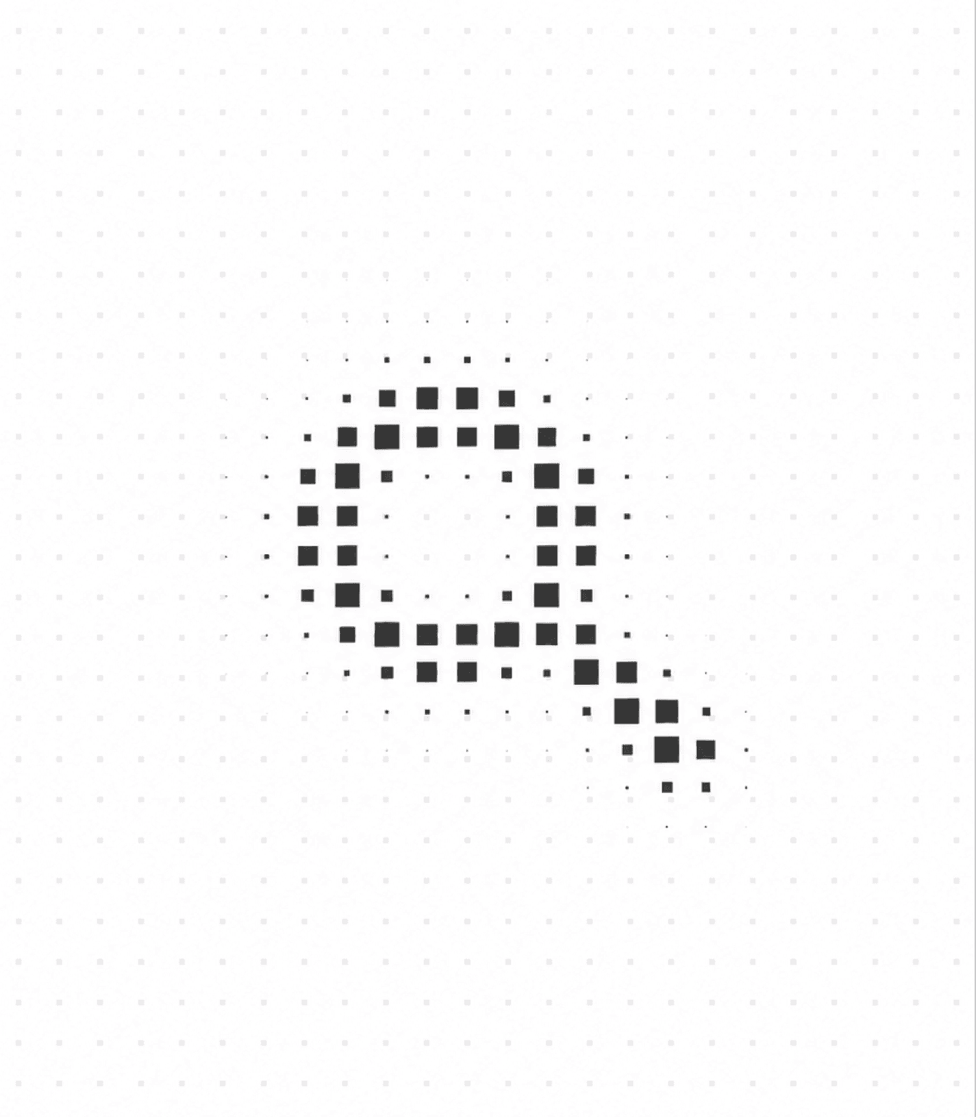 A pixel spiral of dark squares on a dotted grid